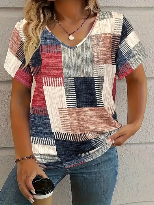 V-Neck T-shirt with Geometric Print